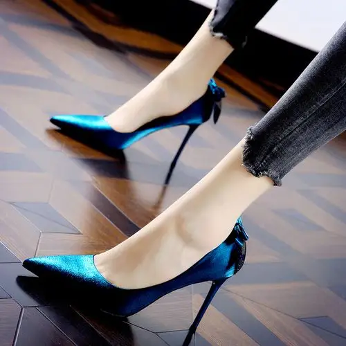 性感宴会蝴蝶结超高高跟鞋2020早春韩版尖头绸缎单鞋