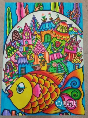 儿童获奖科幻画鱼背上的泡泡村庄赏析