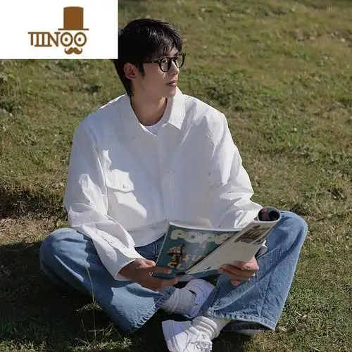 yanxu长袖白衬衫男士春季新款感宽松休闲日系复古潮牌百搭衬衣外套