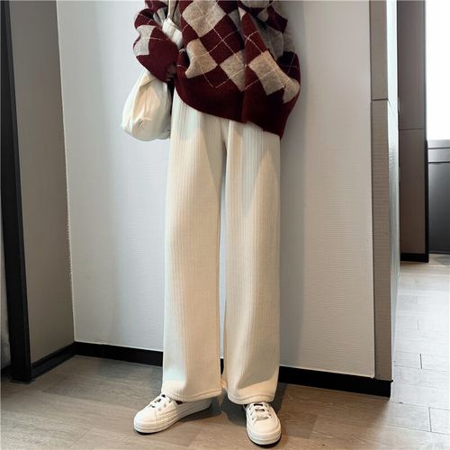 女生雪尼尔阔腿裤女小个子休闲裤子女高腰春秋季新款 米色【春秋款 s