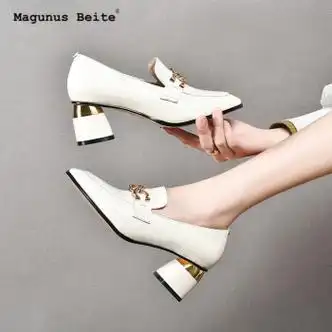 magunusbeite秋季中跟皮鞋女粗跟真皮漆皮乐福鞋春秋亮皮软皮高跟单鞋
