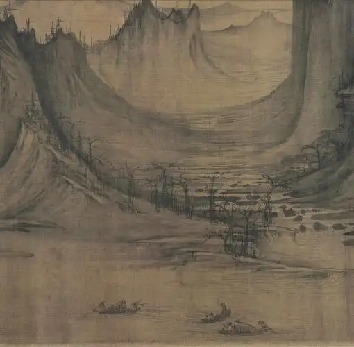 北宋许道宁渔舟唱晚秋江渔艇图宋画山水画长卷高清绢布国画