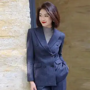 秋冬新款藏青色羊毛厚款西装外套职业双排扣时尚西服修身服套装女