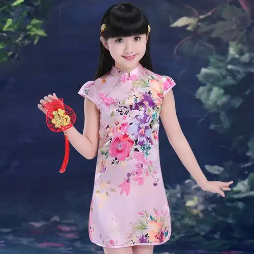 儿童桑蚕丝旗袍女童大童装中国风公主连衣裙真丝长款丝绸唐装夏季