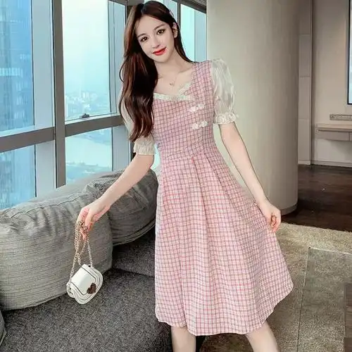 方袖裙子女潮2021韩版夏季修身新款女装连衣裙女大码格子短袖时尚