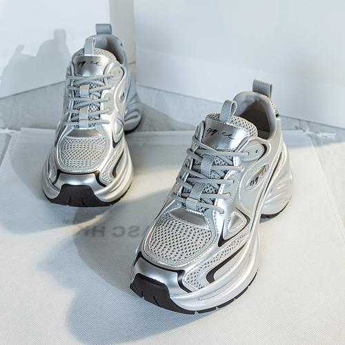 银色厚底内增高老爹鞋女2024春季系带百搭真皮休闲鞋新款同款潮鞋