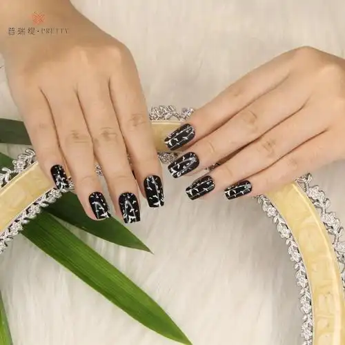 指甲针方形假指甲自有标签假按指甲指甲黑色塑料创意设计美甲沙龙手指