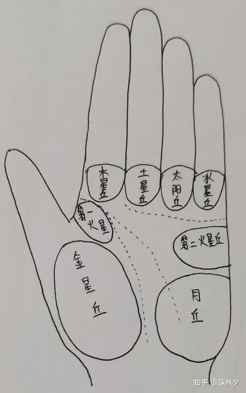 上把这些丘按五行方位分为:金星丘,木星丘,土星丘,太阳丘,水星丘,月丘