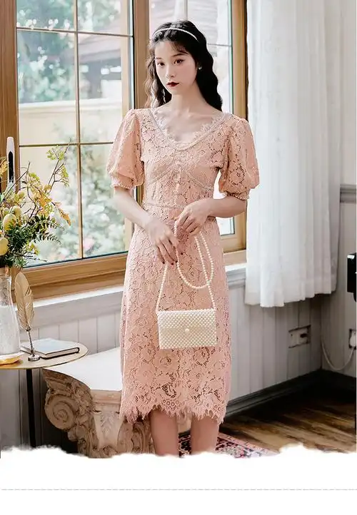 9882f#粉色镶钻蕾丝连衣裙