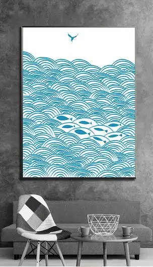 原创层层海浪鱼群蓝色北欧抽象新中式意象装饰画版权可商用