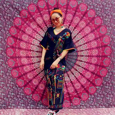 泰国民族风手工刺绣纯棉麻粗布长款连衣裙刺子绣开叉宽松袍子