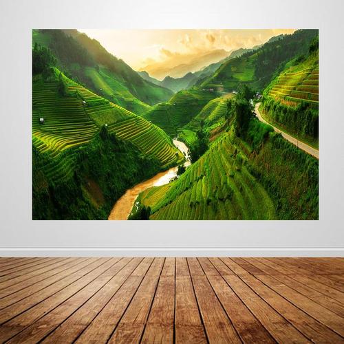 绿色梯田海报田园风光装饰墙贴画田野山坡摄影图自然山水风景画a8