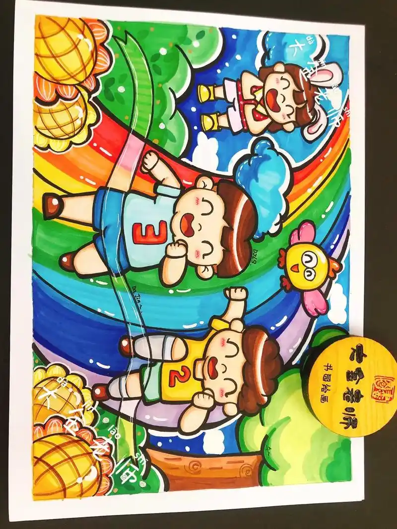 96原创儿童画马克笔[ 运动会]|带线稿 原创马克笔儿童画, - 抖音