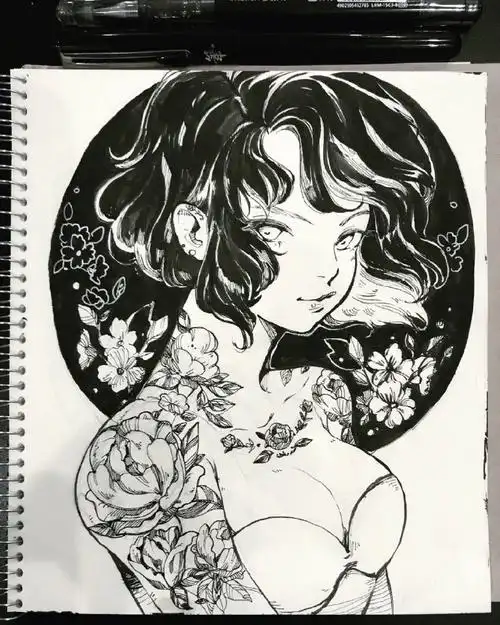 黑白插画少女画师 meeda mohsin#遇见艺术##插画