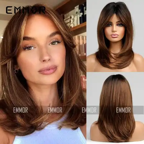 速卖通亚马逊假发全头 八字刘海齐肩中长发渐变棕色黑色 欧美假发