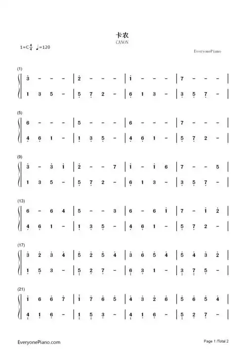 卡农-canon-c大调初学者版双手简谱预览1-钢琴谱文件(五线谱,双手简谱