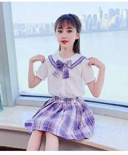 14岁中大童夏天穿的儿童百褶裙夏季小女孩条纹格子裙校服jk套装洋气