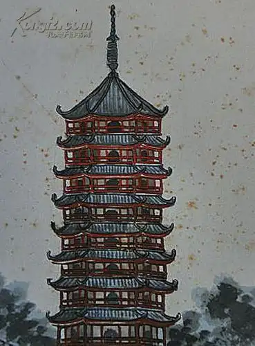 [国画拍卖品]早期风景画,清末《苏州城内北塔寺》,书法俱佳