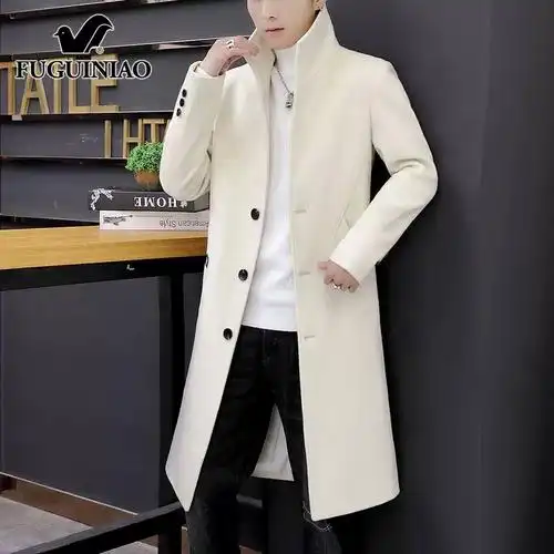 秋冬季富贵鸟白色毛呢风衣男士中长款新款高端上衣服外套大衣男装