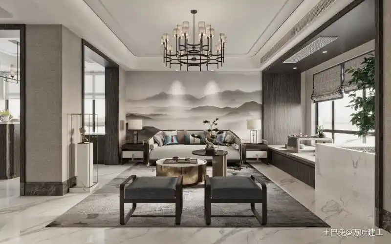 新中式排屋,中式与现代的巧妙兼柔别墅豪宅中式现代家装装修案例效果