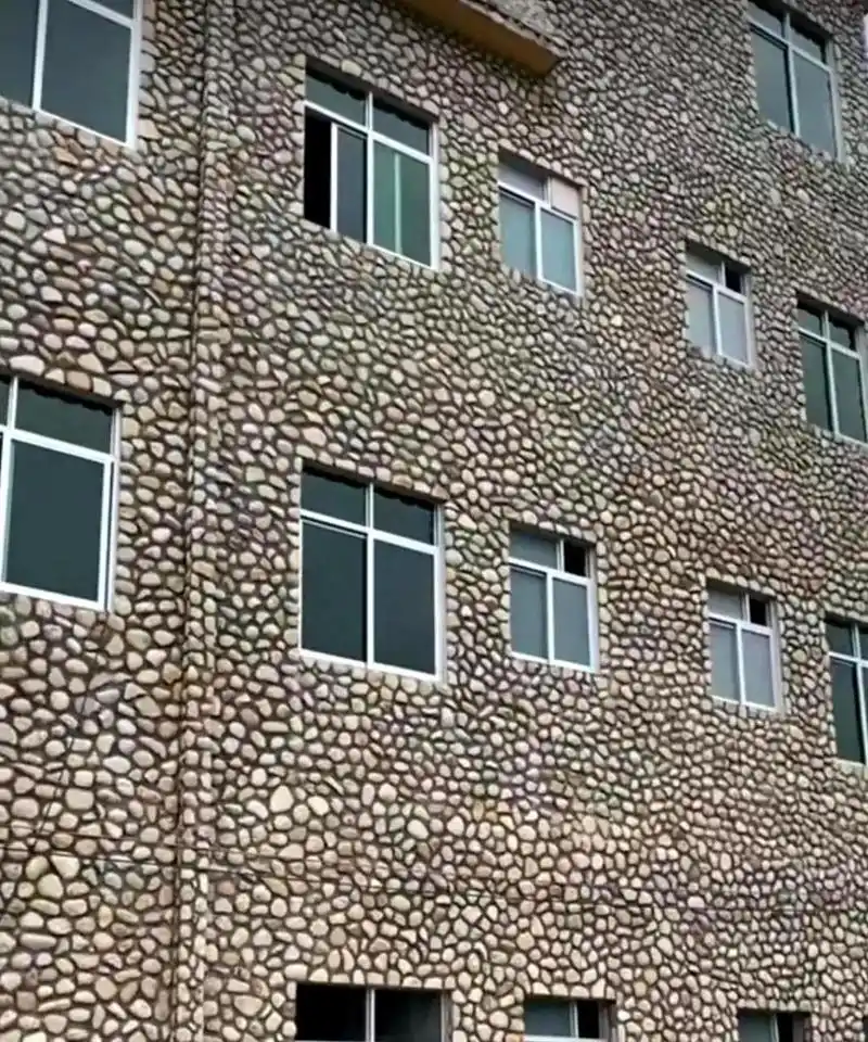 不知道房主是怎么想的,在地面铺鹅卵石还好,但在房子上装修实在太难看