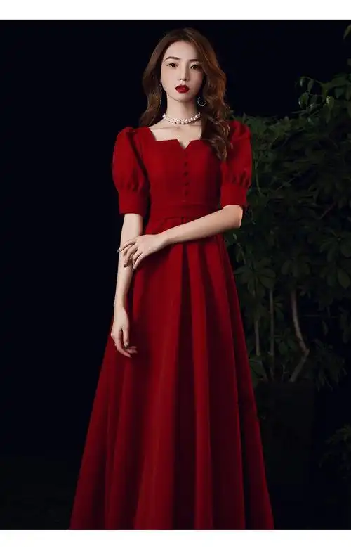 新娘酒红色2022新款夏季订婚礼服连衣裙回门衣服缎面遮手臂酒红色长款