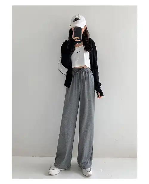 灰色运动裤女宽松直筒裤秋冬季2020显瘦百搭休闲高腰垂感抖音网红同款