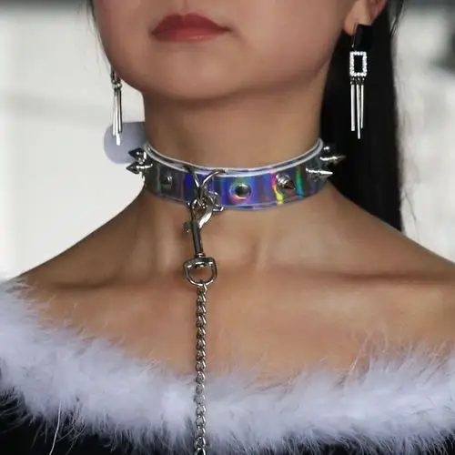 个性夸张性感铆钉镭射皮项圈 夜店酒吧狗奴女奴调教牵引绳颈脖链