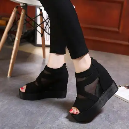 10cm超高跟坡跟凉鞋防水台松糕厚底网纱鱼嘴鞋春夏新款内增高女