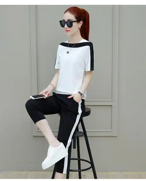 运动套装女新款女装夏季装夏天休闲套装女短袖时尚七分裤两件套女