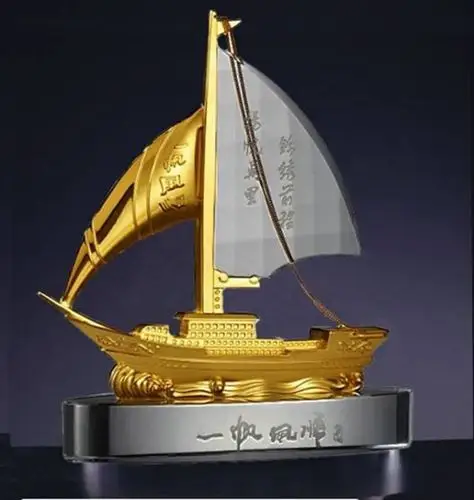 一帆风顺水晶合金连体帆船摆件 创意商务会议开业礼品批发定制