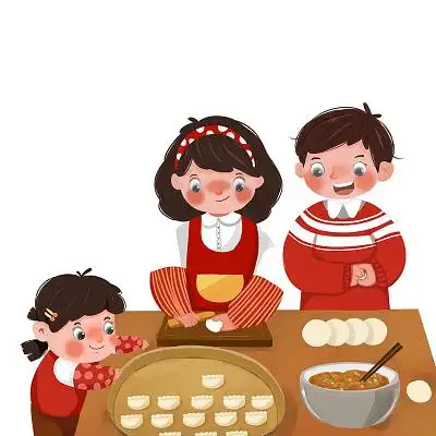 彩色手绘卡通新年春节一家人人物包饺子元素png素材