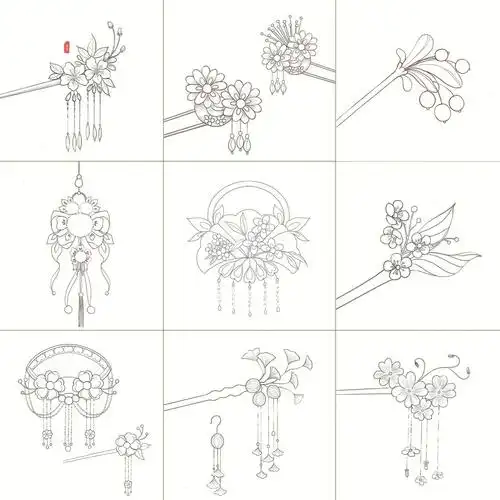 最近线描合集古风发饰九宫格