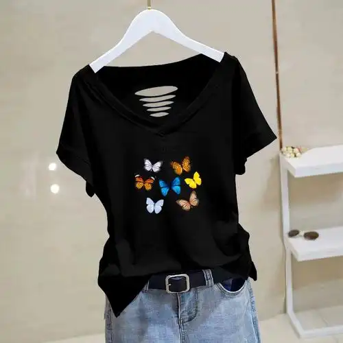 夏季气质上衣潮100纯棉短袖女生短袖衫女新款v领宽松白色t恤女装