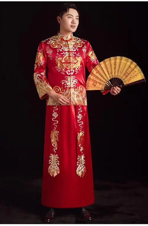 秀禾服男士新郎中式男款2022新款结婚结婚礼服男装唐装马褂 红色丨盘
