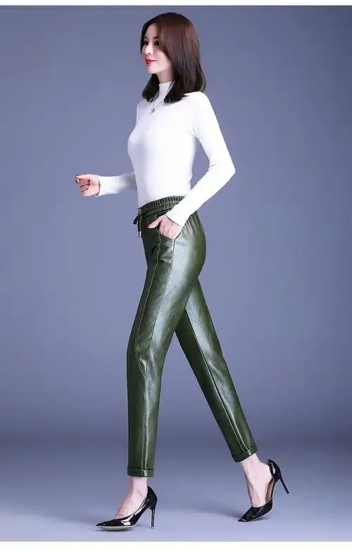 春秋款中年妇女裤子新款pu高腰哈伦裤罗卜裤女式休闲裤时尚松紧腰红色