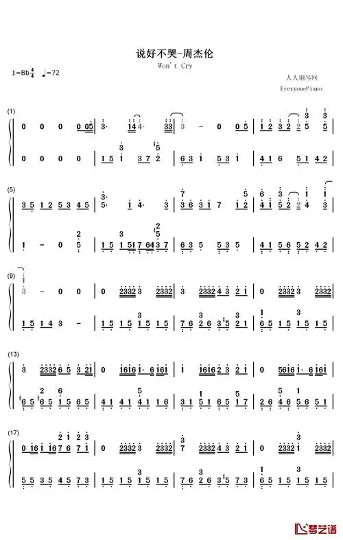 说好不哭钢琴简谱-数字双手-周杰伦-看乐谱网
