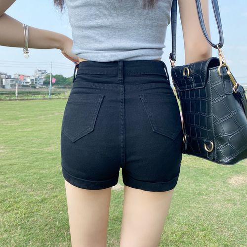 高腰牛仔短裤女夏2021新款超短显瘦黑色弹力牛仔裤