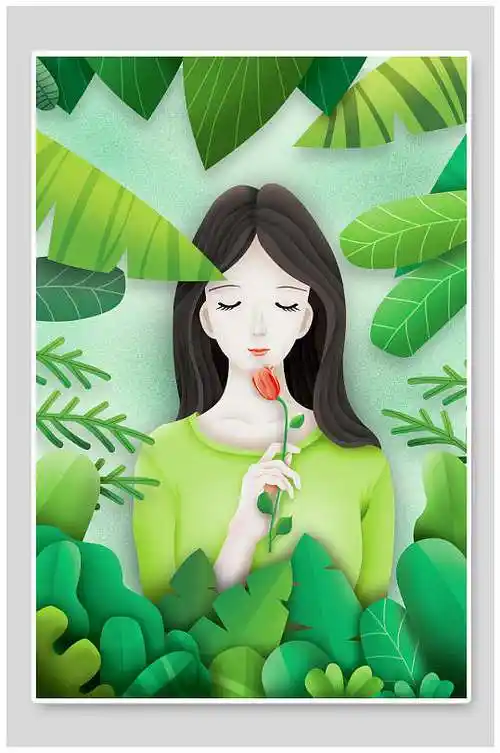 少女叶子素雅绿色森系野外仙境插画