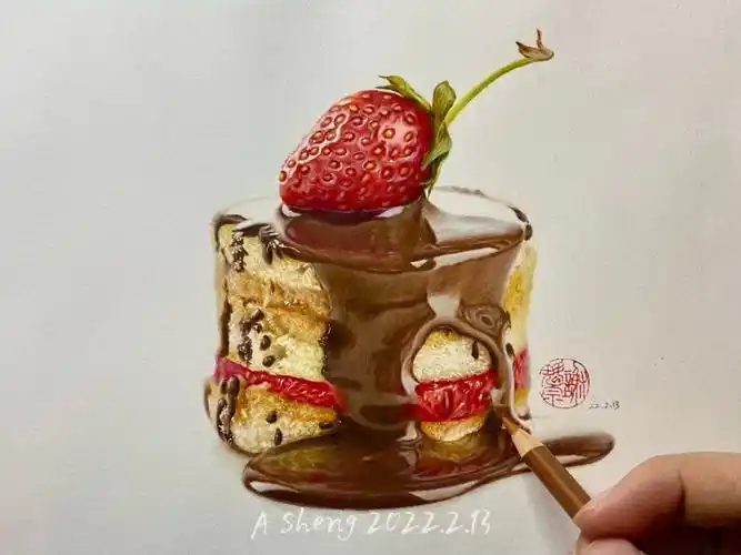 彩铅画草莓巧克力蛋糕