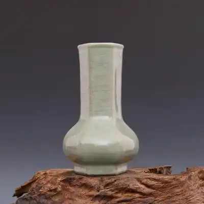 宋 官窑 天青釉 带支钉 六方直颈瓶 古董瓷器古玩古瓷器 旧货收藏