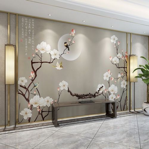 新中式墙布电视背景墙卧室客厅墙纸影视墙衣花鸟古香古色装饰壁画