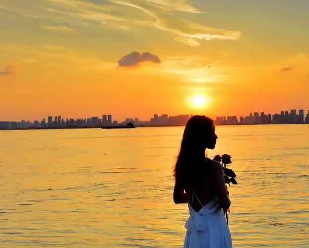 夕阳下的美少女剪影人像