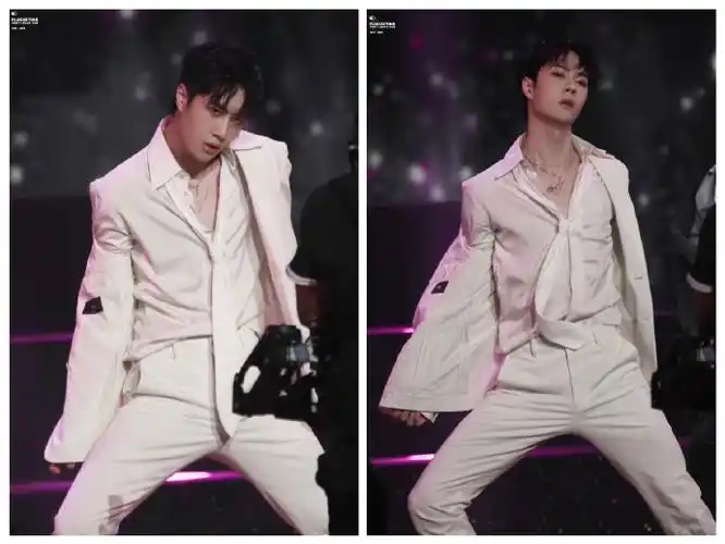 王一博超话今晚双十一开幕盛典舞台,穿上fendi白西装,梳起湿发造型,叠