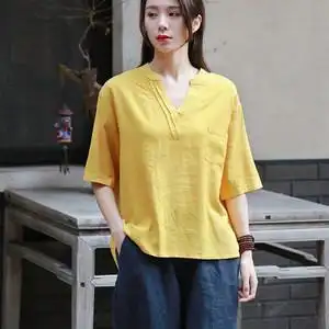 复古宽松v领纯色亚麻t恤女短袖夏季百搭显瘦文艺棉麻上衣半袖小衫