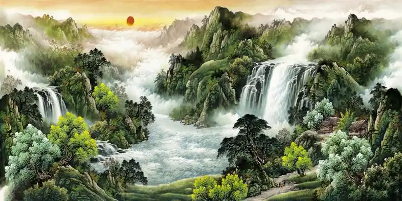 墙布画山水风景壁画中堂客厅家居背景墙装饰画芯聚宝盆生招财