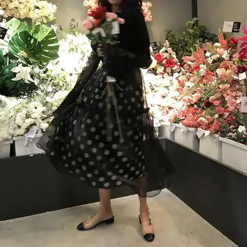 拾一工作室2018秋季新款黑色波点纱裙a字蓬蓬裙高腰显瘦半身裙女