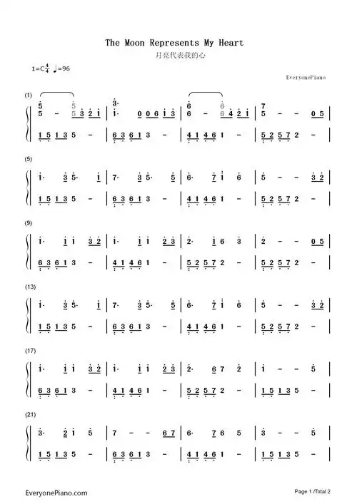 月亮代表我的心超简单版钢琴简谱-邓丽君演唱1