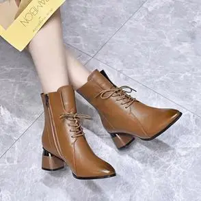 真皮粗跟马丁靴系带侧拉链中跟短靴尖头瘦瘦靴时装靴昔子精选女鞋