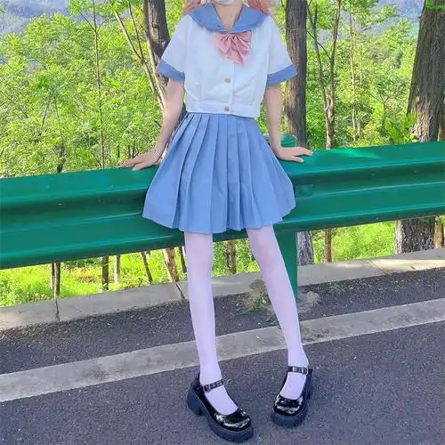 实拍现货短袖套装蓝色水手服中间服jk制服学院风基础款 - 17网